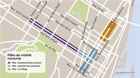 Carte des p&ocirc;les ayant re&ccedil;u la certification Nuits Montr&eacute;al.