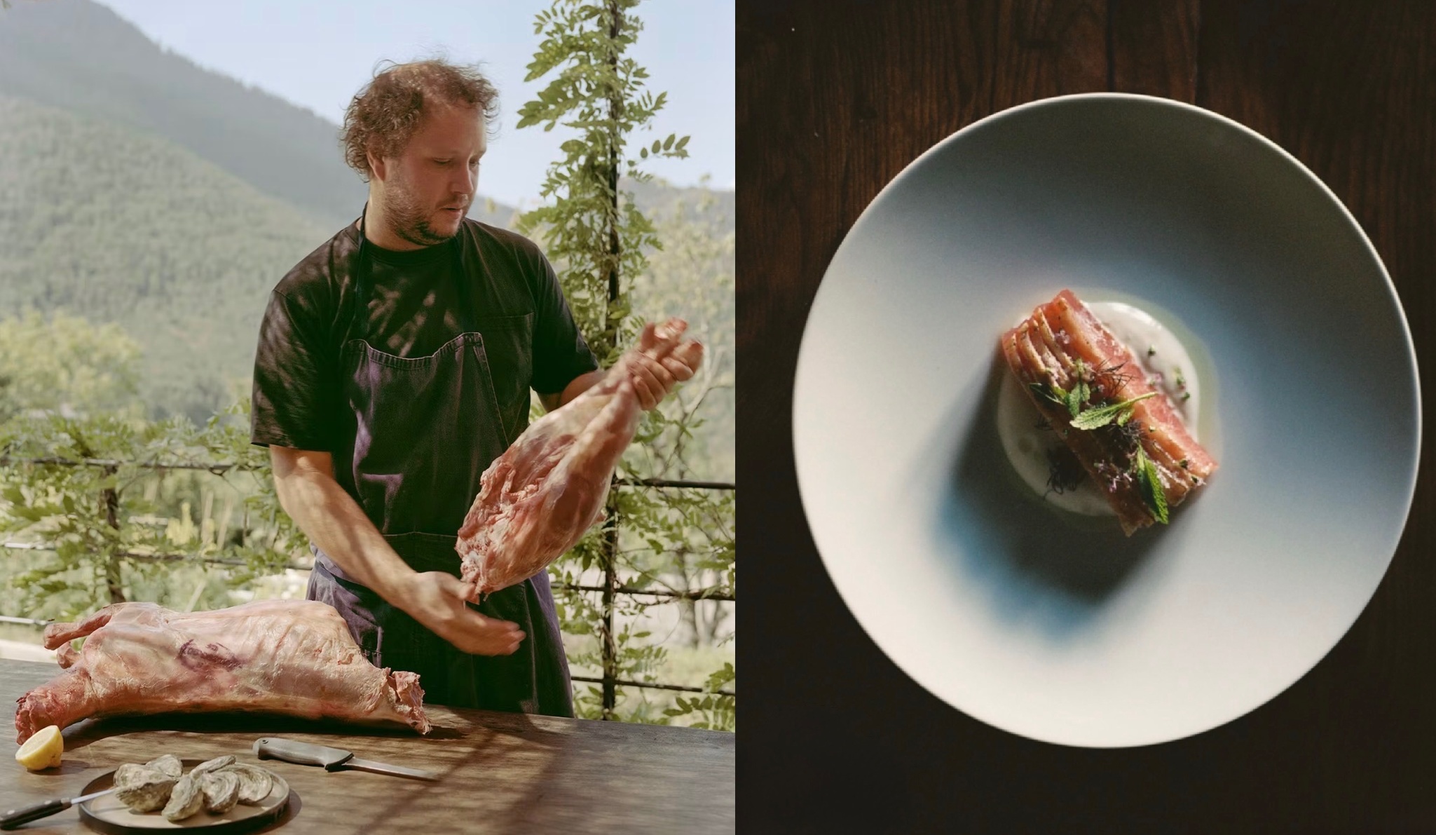 Montage montrant le chef Louis-Philippe Riel à l'Auberge de La Roche, ainsi qu'une photo d'un plat au saumon.