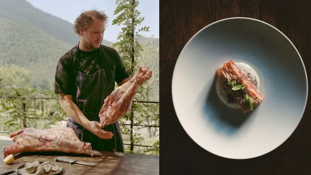 Montage montrant le chef Louis-Philippe Riel à l'Auberge de La Roche, ainsi qu'une photo d'un plat au saumon.