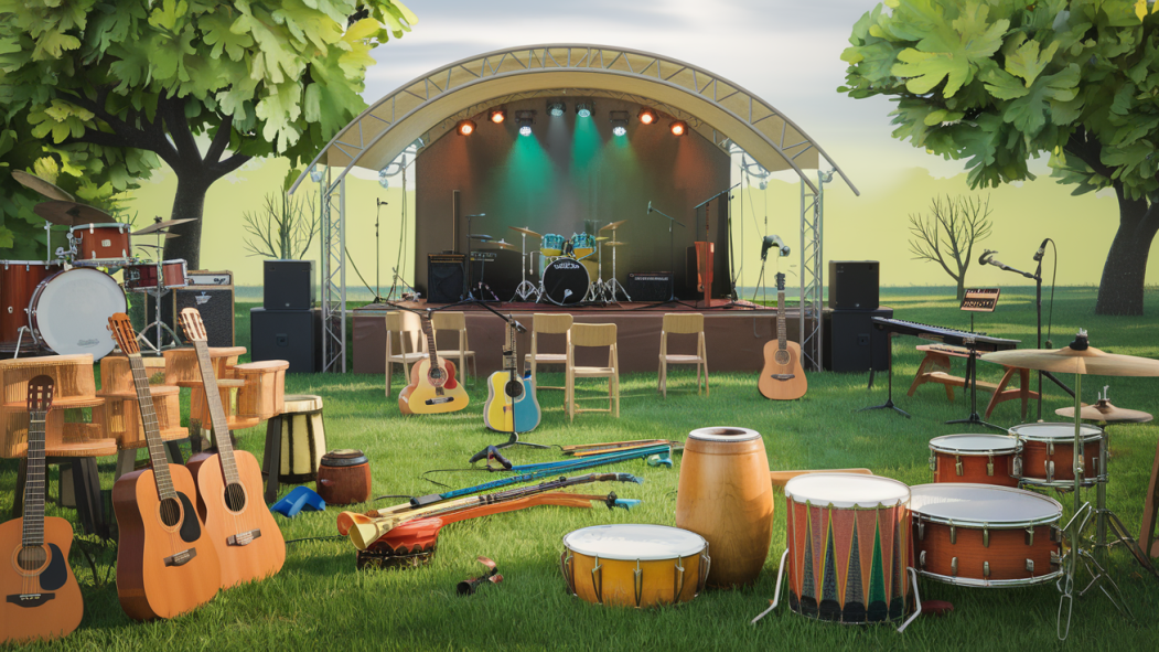 Image générée par l'intelligence artificielle montrant des instruments de musique installés à l'extérieur dans le cadre d'un camp d'été musical.