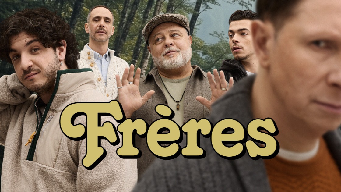 Affiche de la pièce Frères, montrant on montage de cinq personnages masculins.