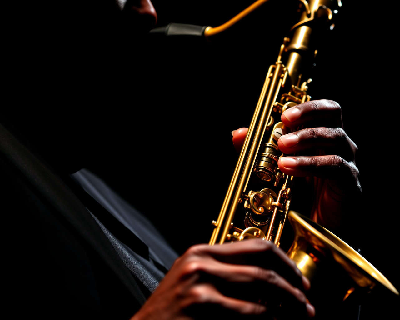 Un musicien joue du saxophone sur un fond noir.
