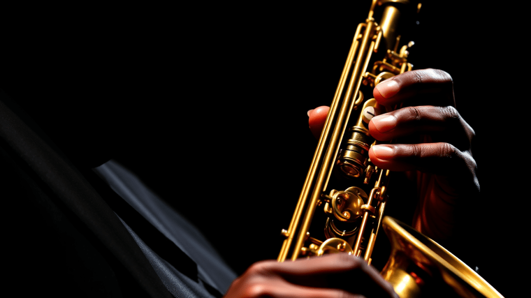 Un musicien joue du saxophone sur un fond noir.