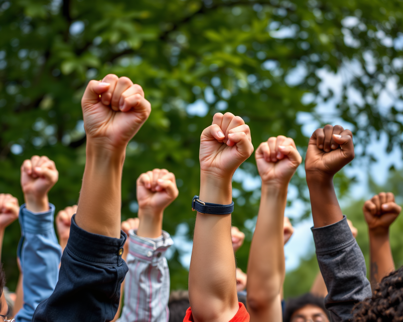 Image générée par l'intelligence artificielle montrant des poings en l'air en guise de solidarité avec le mouvement de grève des organismes communautaires.