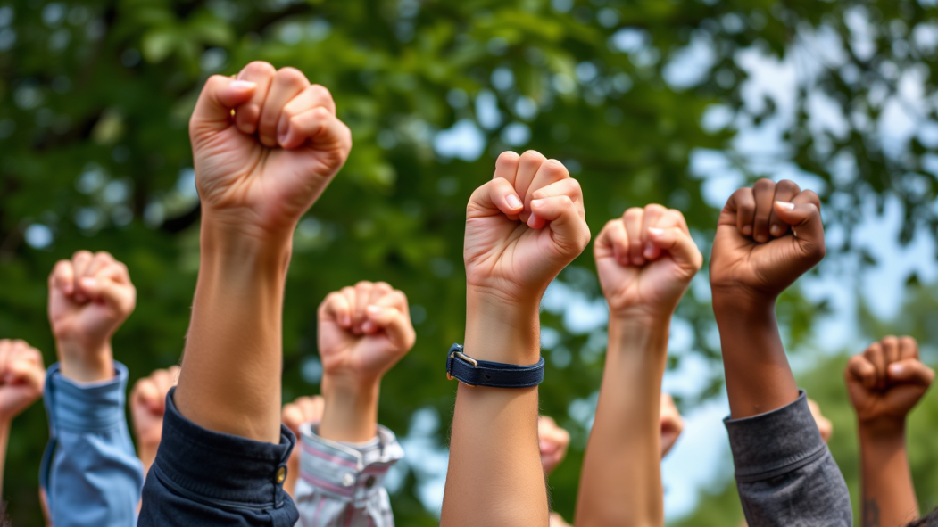 Image générée par l'intelligence artificielle montrant des poings en l'air en guise de solidarité avec le mouvement de grève des organismes communautaires.