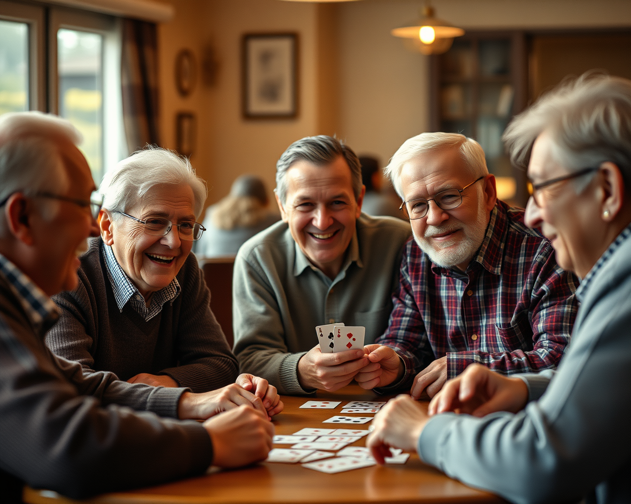 Cinq personnes âgées jouent aux cartes autour d'une table.