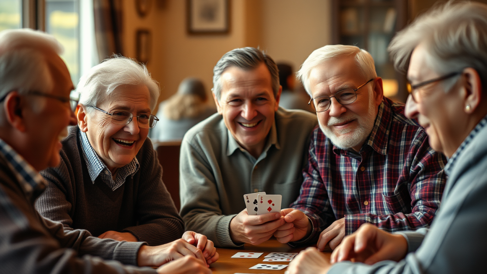 Cinq personnes âgées jouent aux cartes autour d'une table.