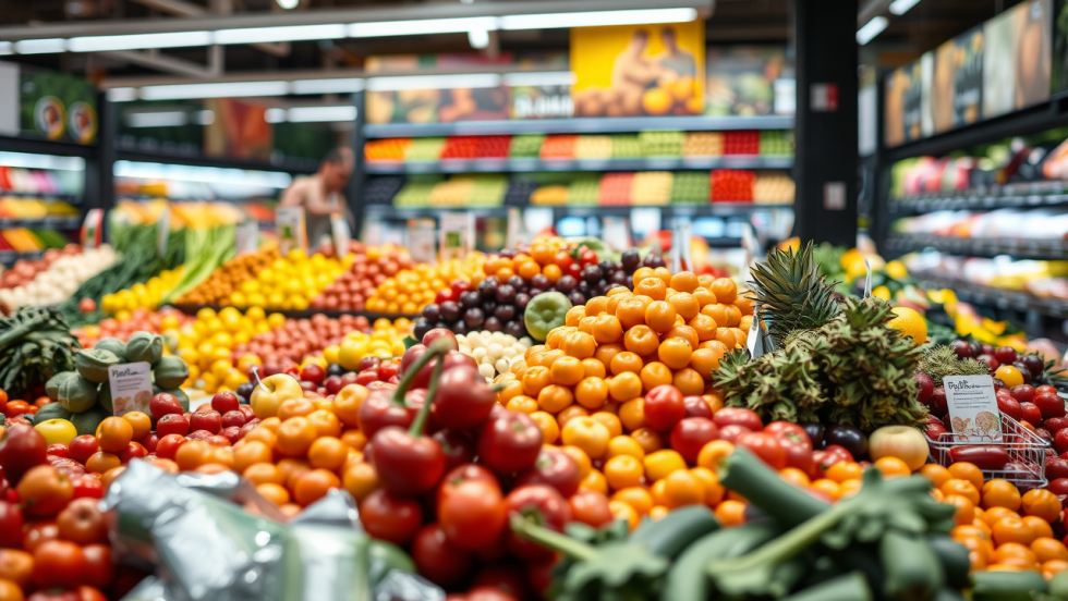 Image générée par l'intelligence artificielle montrant des présentoirs de fruits et légumes dans une épicerie.