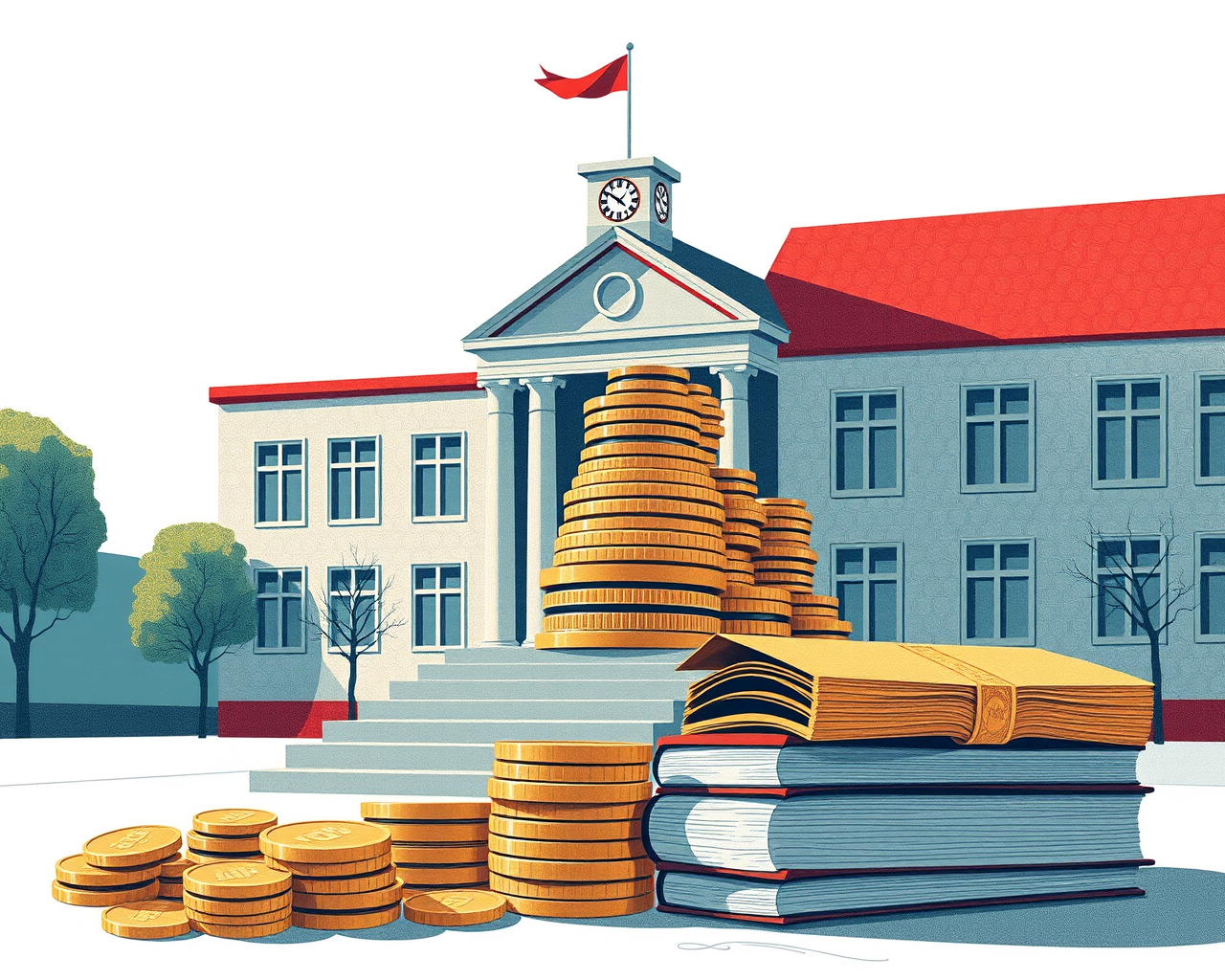 Image générée par l'intelligence artificielle montrant une école avec des piles d'argent représentant les profits du secteur privé dans un partenariat public-privé.