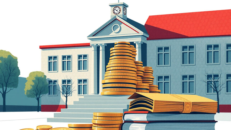 Image générée par l'intelligence artificielle montrant une école avec des piles d'argent représentant les profits du secteur privé dans un partenariat public-privé.
