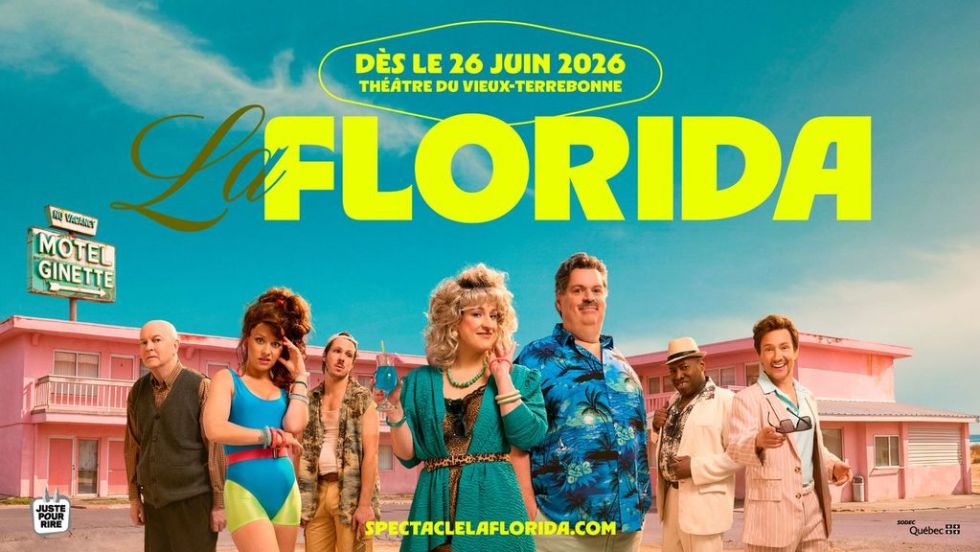 Affiche du spectacle La Florida montrant les sept personnages principaux devant un motel.
