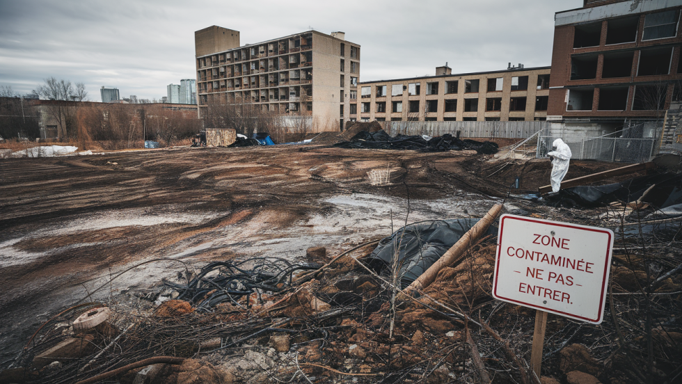 Image générée par l'intelligence artificielle montrant un terrain vague contaminé dans un secteur industriel.