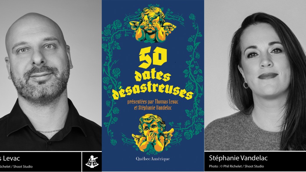Montage montrant les photos de profil de Thomas Levac et Stéphanie Vandelac, de part et d'autre de la couverture de leur livre "50 Dates Désastreuses".