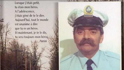 Une vieille photo du policier André Lalonde avec une citation du défunt.
