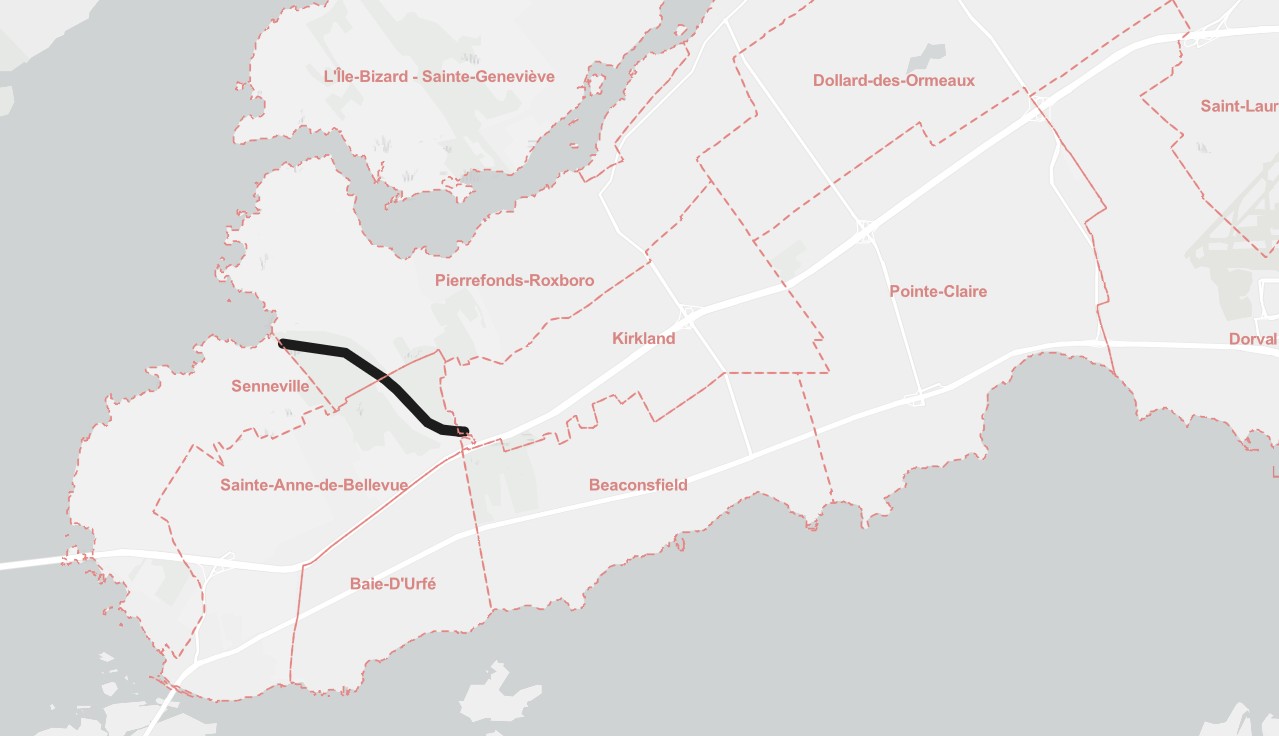 Capture d'écran d'une carte de l'Ouest de l'île de Montréal montrant que le chemin de l'Anse-à-l'Orme est fermé.