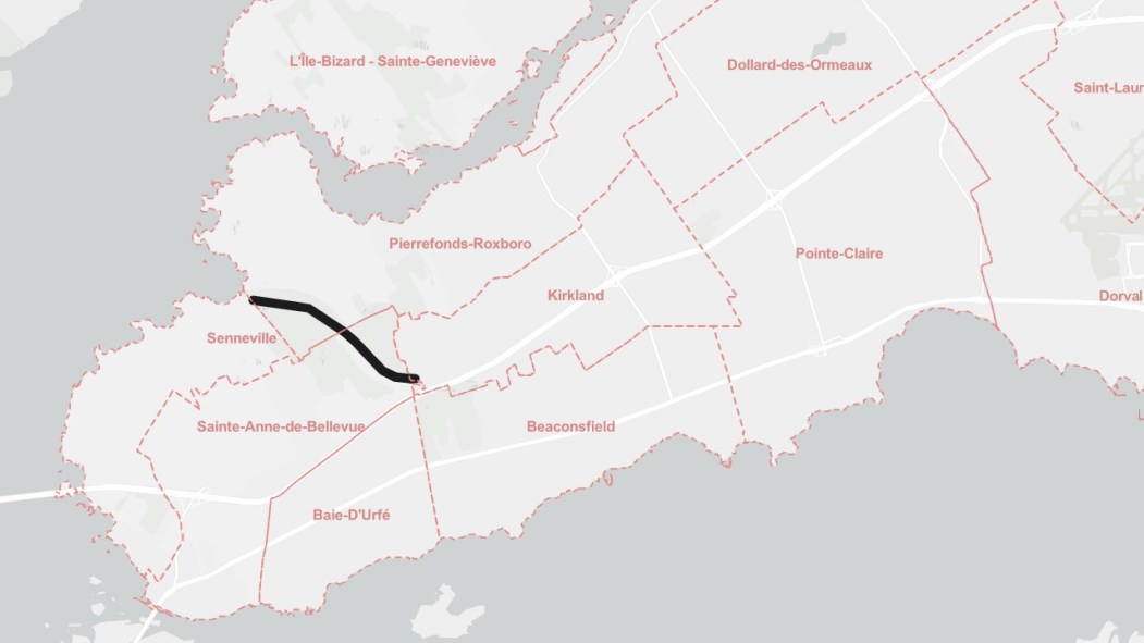 Capture d'écran d'une carte de l'Ouest de l'île de Montréal montrant que le chemin de l'Anse-à-l'Orme est fermé.