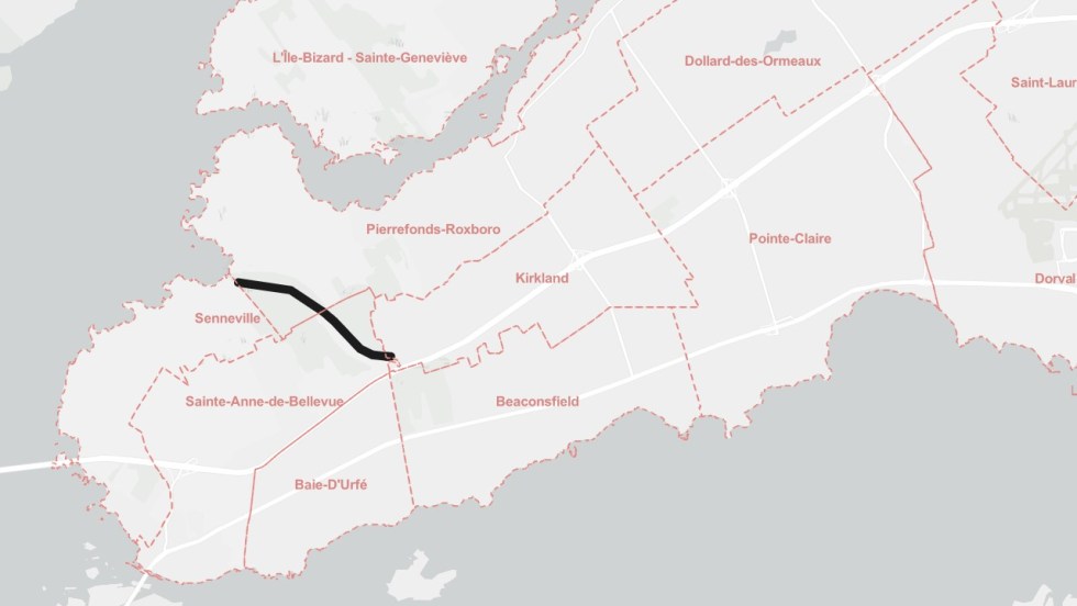 Capture d'écran d'une carte de l'Ouest de l'île de Montréal montrant que le chemin de l'Anse-à-l'Orme est fermé.