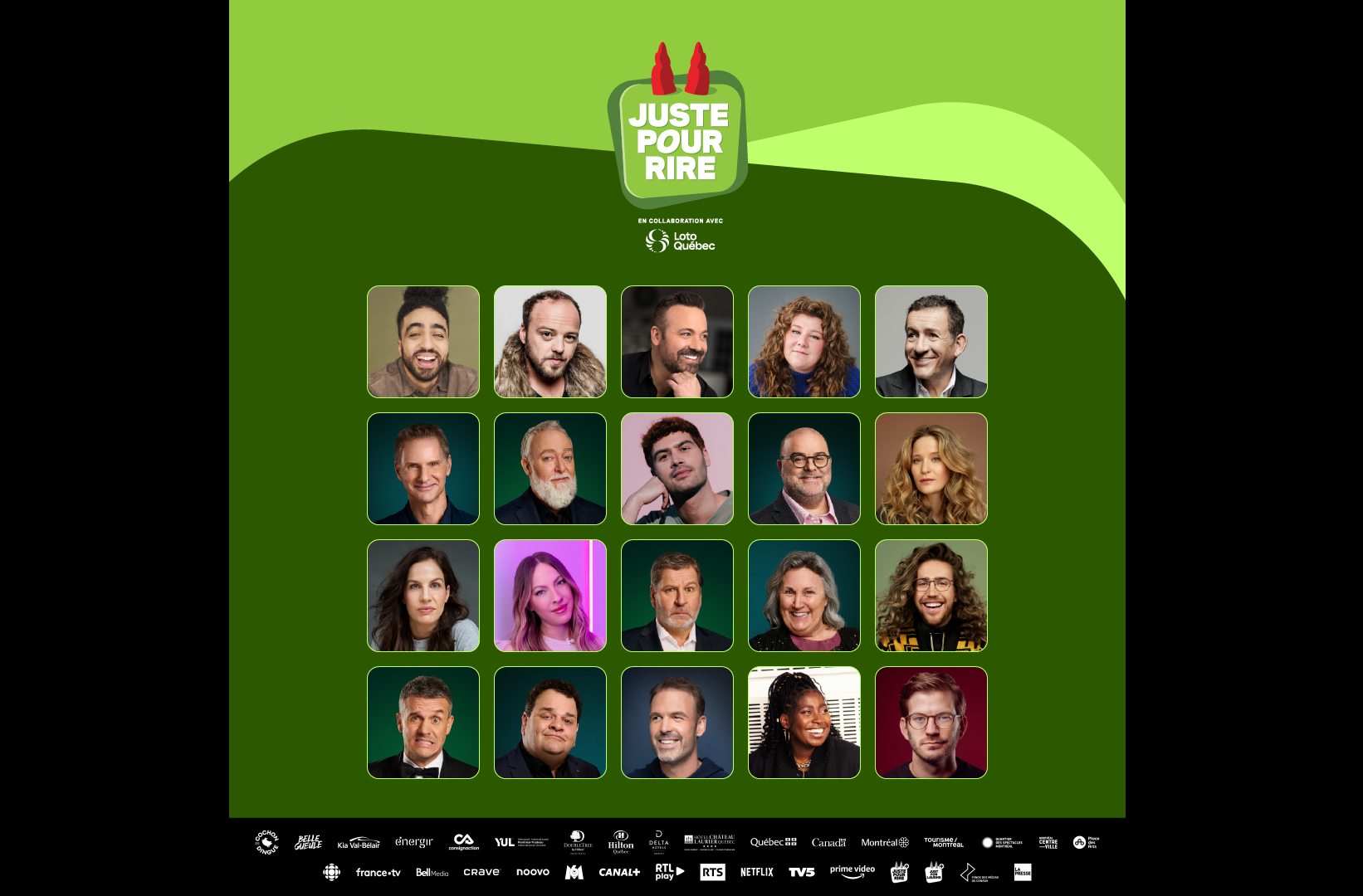 Affiche montrant les artistes invités à l'édition 2026 de Juste pour rire.