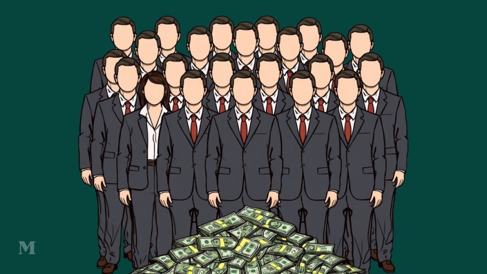 Dessin d'un groupe de 19 hommes et femmes d'affaires devant une pile de billets de banque pour représenter les milliardaires du Québec.