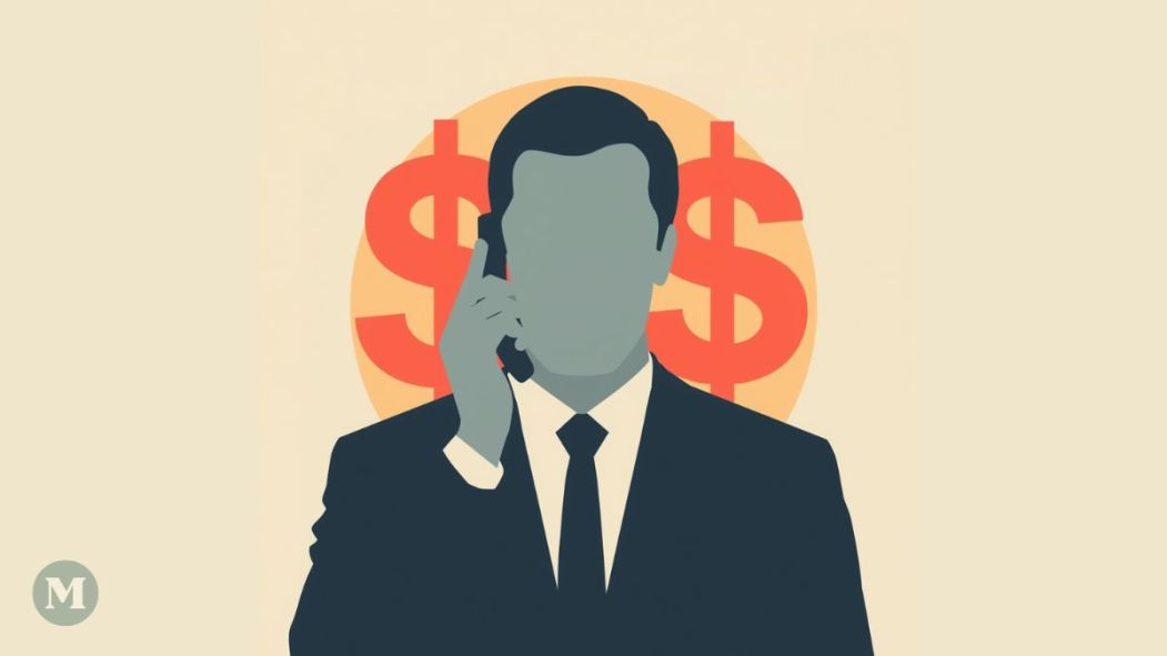 Dessin d'un homme parlant au téléphone avec des signes de dollars en arrière-plan.