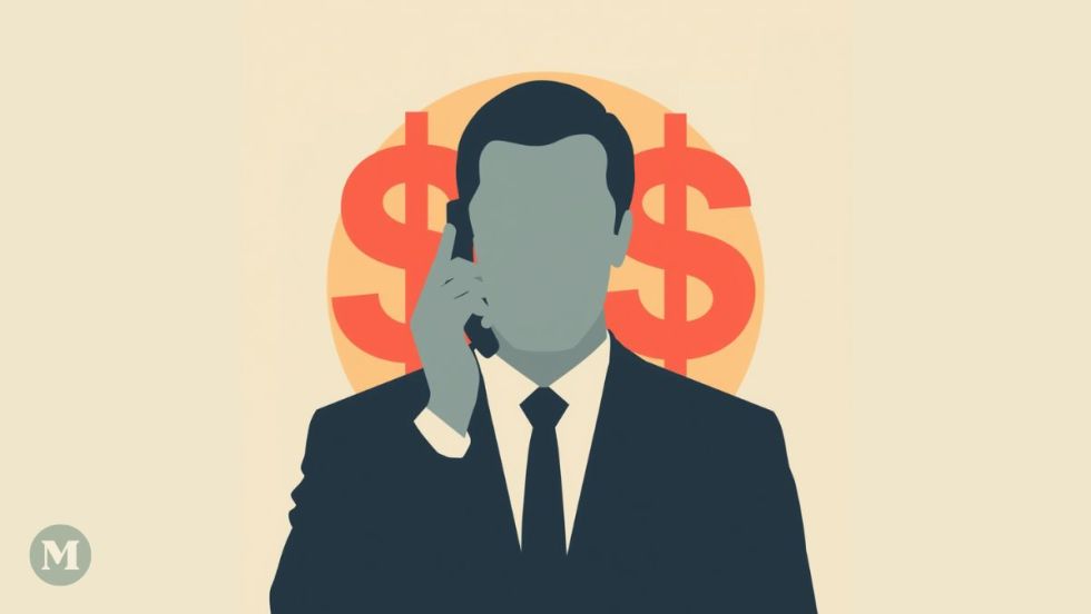 Dessin d'un homme parlant au téléphone avec des signes de dollars en arrière-plan.