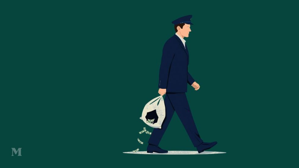 Image générée par l'intelligence artificielle montrant un facteur tenant un sac de courrier qui fuit des billets de banque.