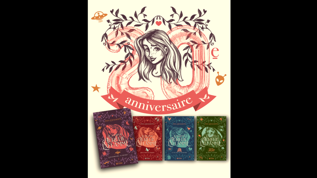 Montage montrant le personnage Aurélie Laflamme avec une banderole d'anniversaire, entourée des livres de la série du même nom.