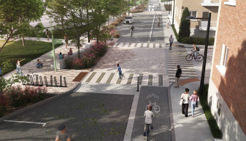 Maquette montrant l'aménagement futur de la rue De Louvain Est, avec des vélos, des piétons et beaucoup de verdure.