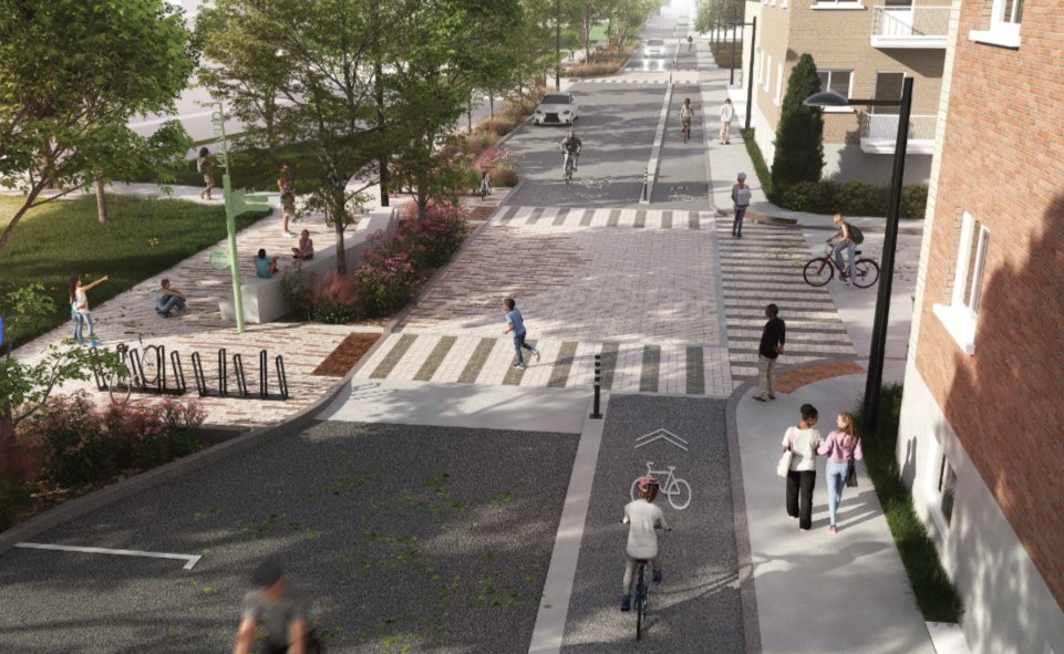 Maquette montrant l'aménagement futur de la rue De Louvain Est, avec des vélos, des piétons et beaucoup de verdure.