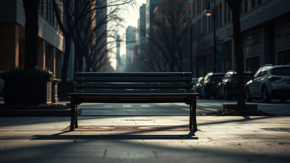 Image générée par l'intelligence artificielle d'un banc vide dans une ruelle de Montréal.