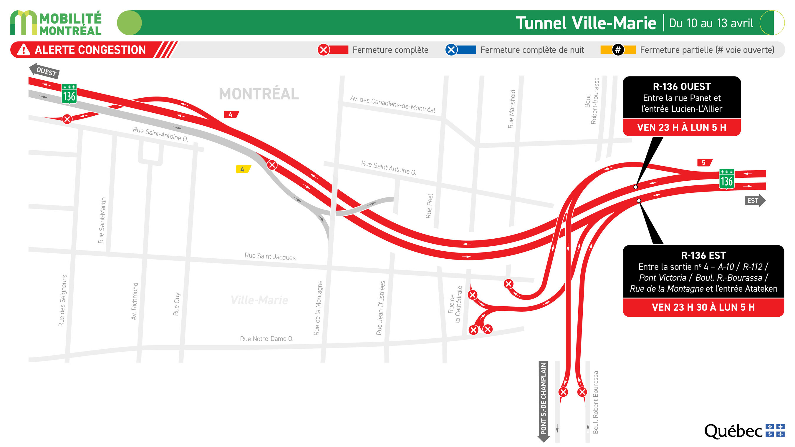 Image montrant le tron&ccedil;on de la route 136 et ses approches qui seront ferm&eacute;s pr&egrave;s du tunnel Ville-Marie.