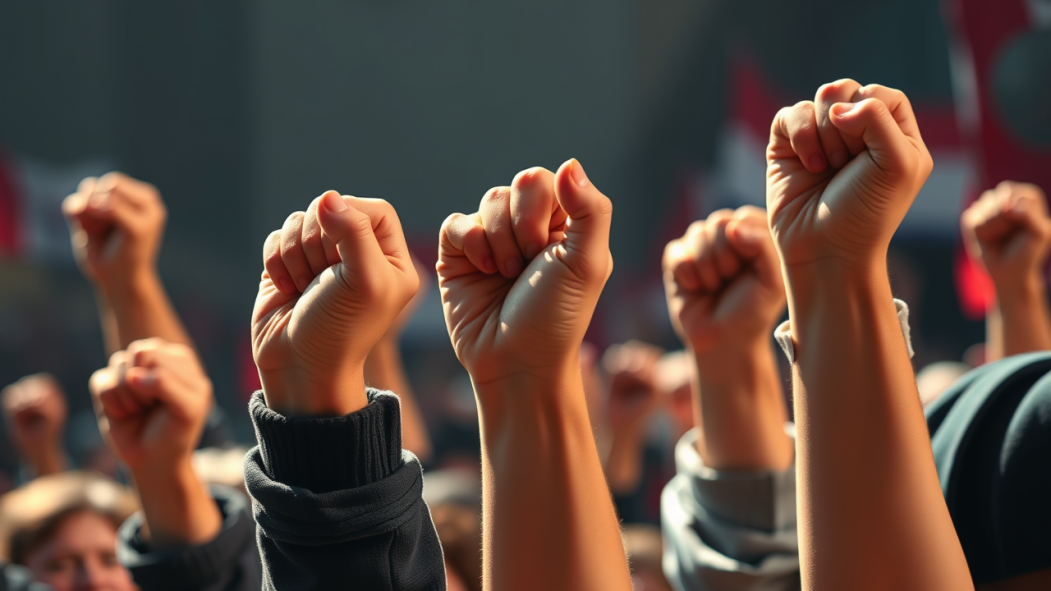 Des poings dans les airs pendant une manifestation du milieu communautaire.