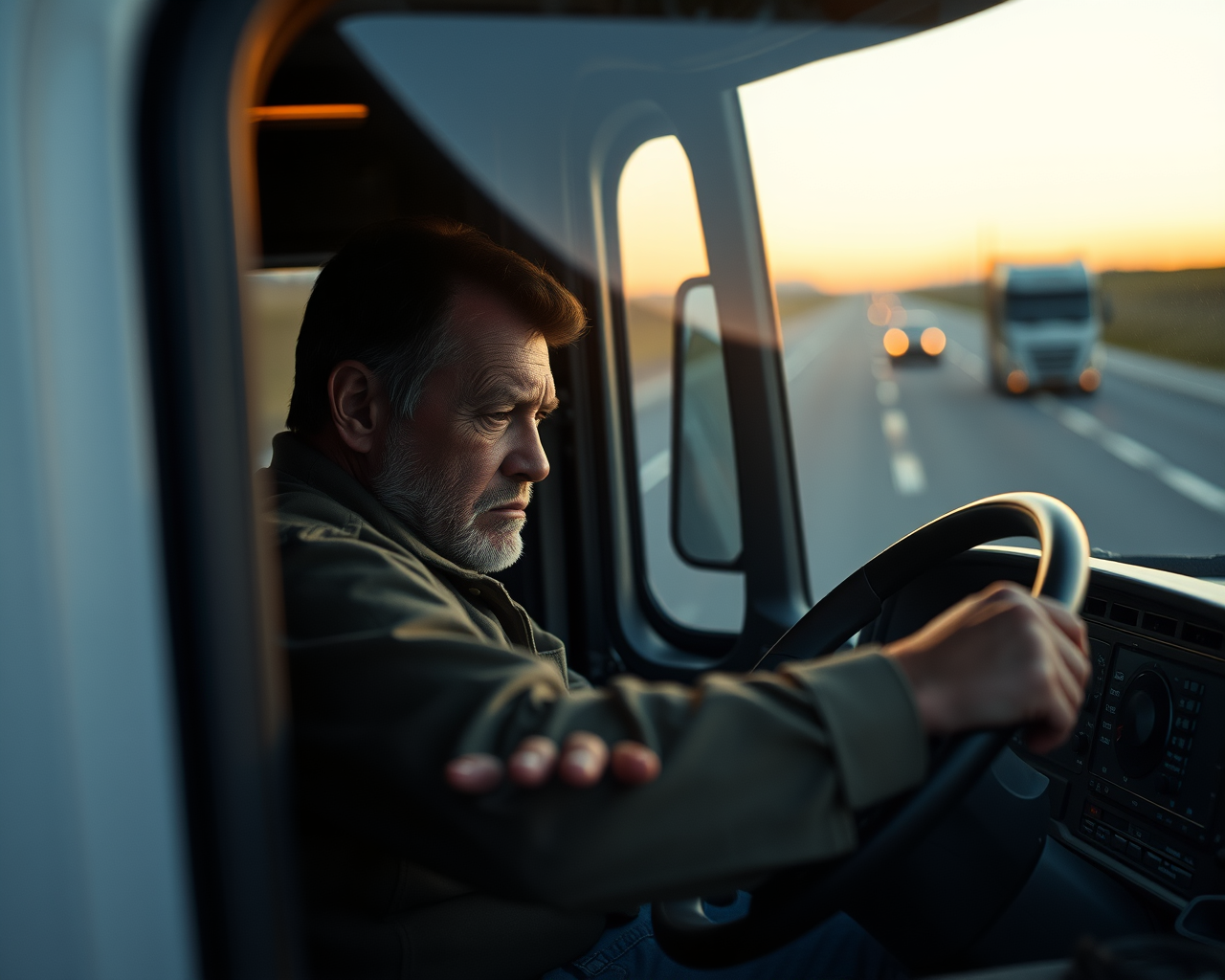 Un camionneur fatigué au volant de son camion.