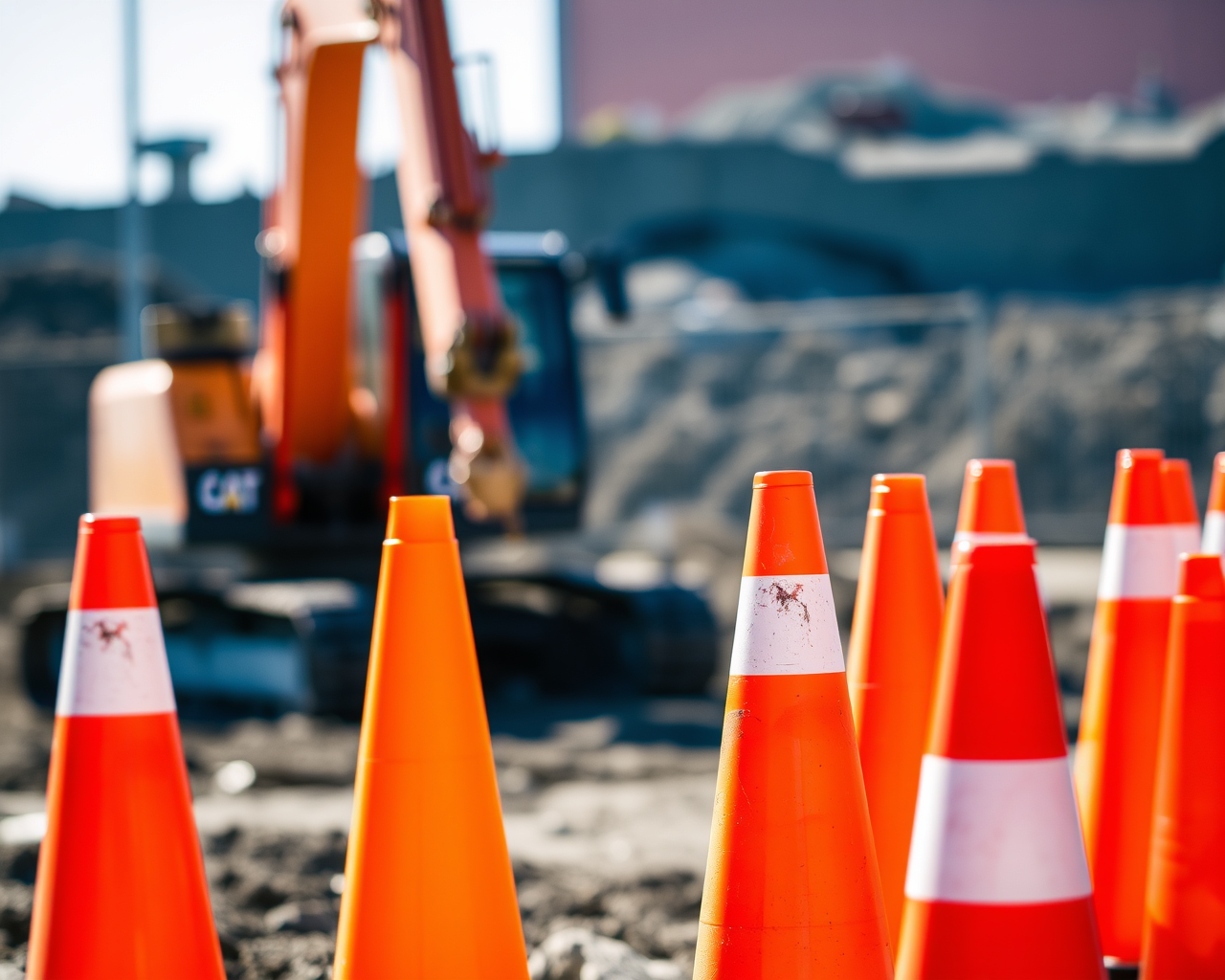 Image générée par l'intelligence artificielle montrant des cônes oranges sur un chantier routier.