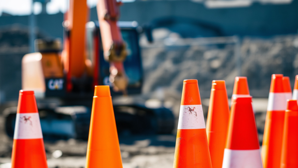 Image générée par l'intelligence artificielle montrant des cônes oranges sur un chantier routier.
