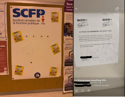 Montage de deux graffitis affichés aux bureaux du syndicat des chauffeurs d'autobus du RTL.