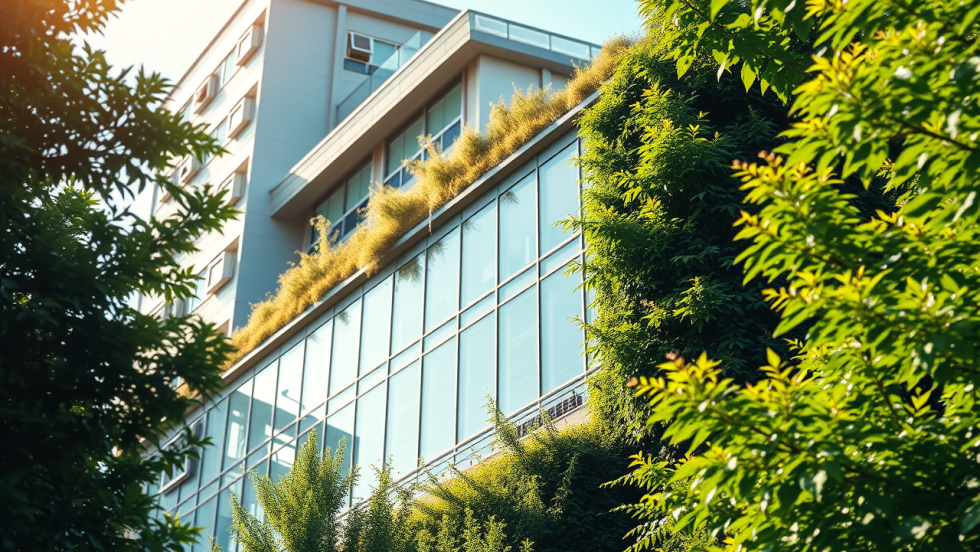 Un bâtiment écoénergétique avec des panneaux solaires, entouré de végétation.