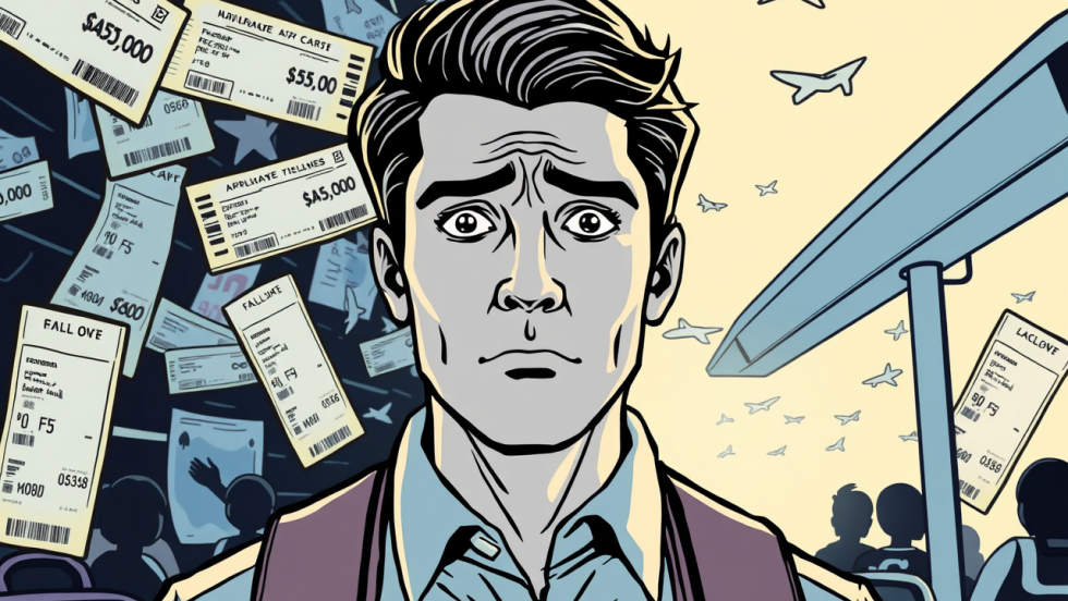 Dessin généré par l'intelligence artificielle montrant une personne stressée avec des billets d'avion. Des avions volent en arrière-plan.