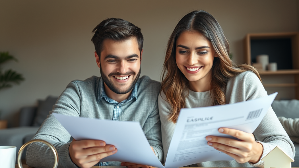 Un homme et une femme sourient en tenant les documents de leur remboursement d'impôt.