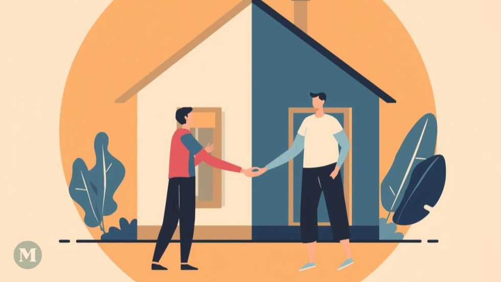 Image générée par l'intelligence artificielle montrant un acheteur et un vendeur se serrant la main devant une maison.