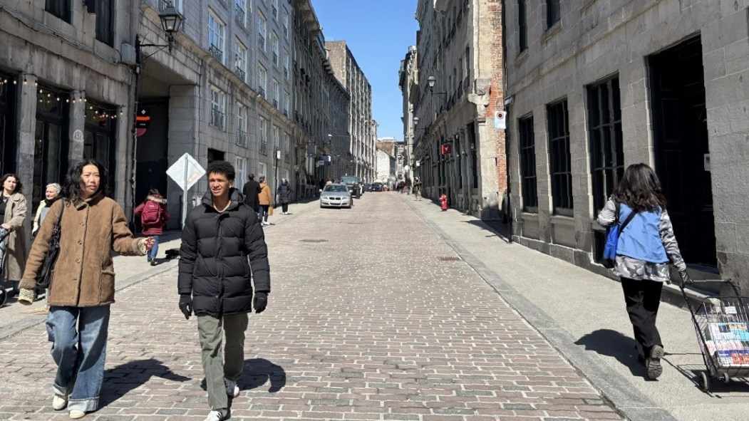 Des personnes marchent dans la rue sur le pavé de la rue Saint-Paul, après les travaux de réaménagement qui en ont fait une rue partagée.