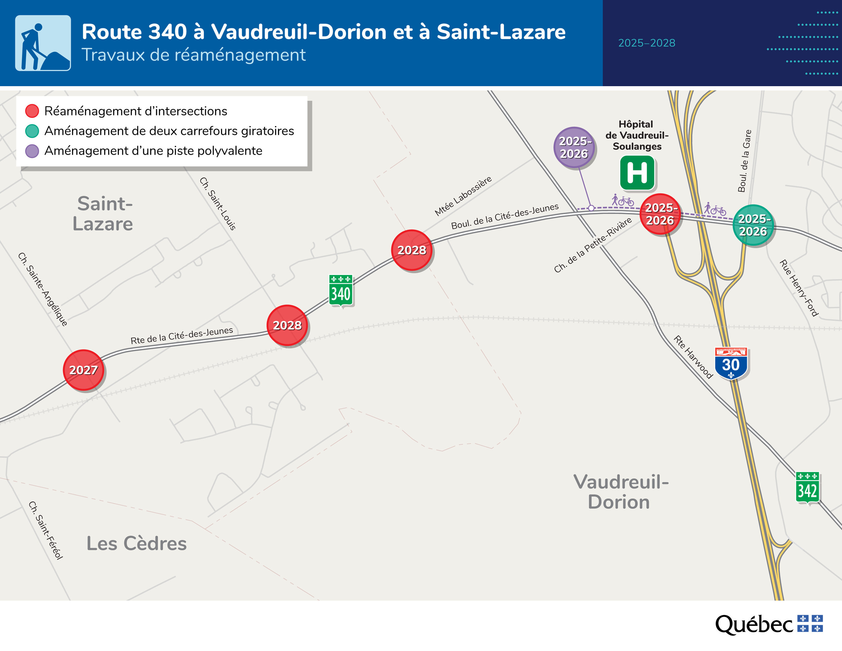 Carte montrant l'emplacement des travaux prévus sur le boulevard de la Cité-des-Jeunes, à Vaudreuil-Dorion, entre avril et novembre 2026.