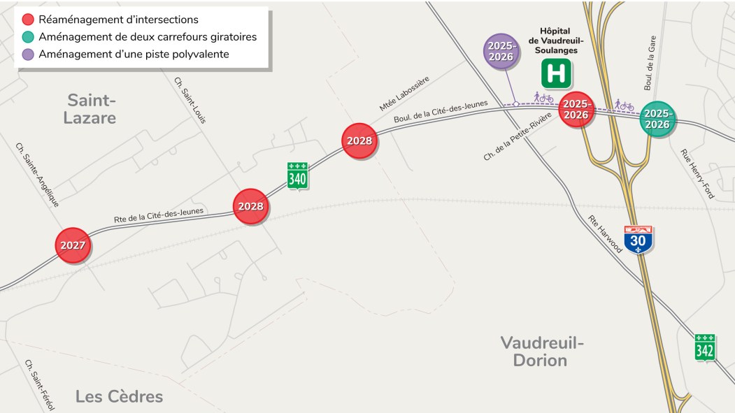 Carte montrant l'emplacement des travaux prévus sur le boulevard de la Cité-des-Jeunes, à Vaudreuil-Dorion, entre avril et novembre 2026.