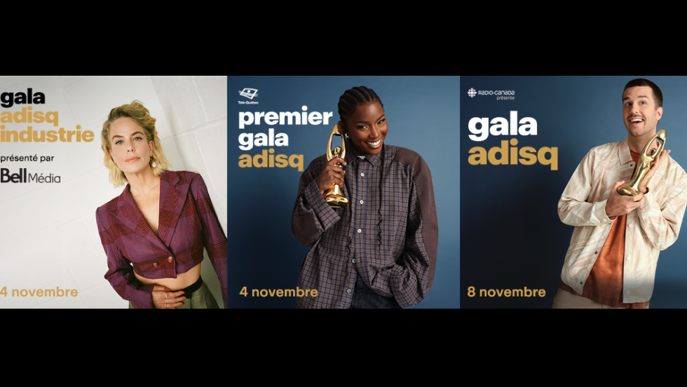 Montage montrant Claudine Prévost, Sarahmée et Pierre-Yves Roy-Desmarais tenant des statuettes de l'Adisq.