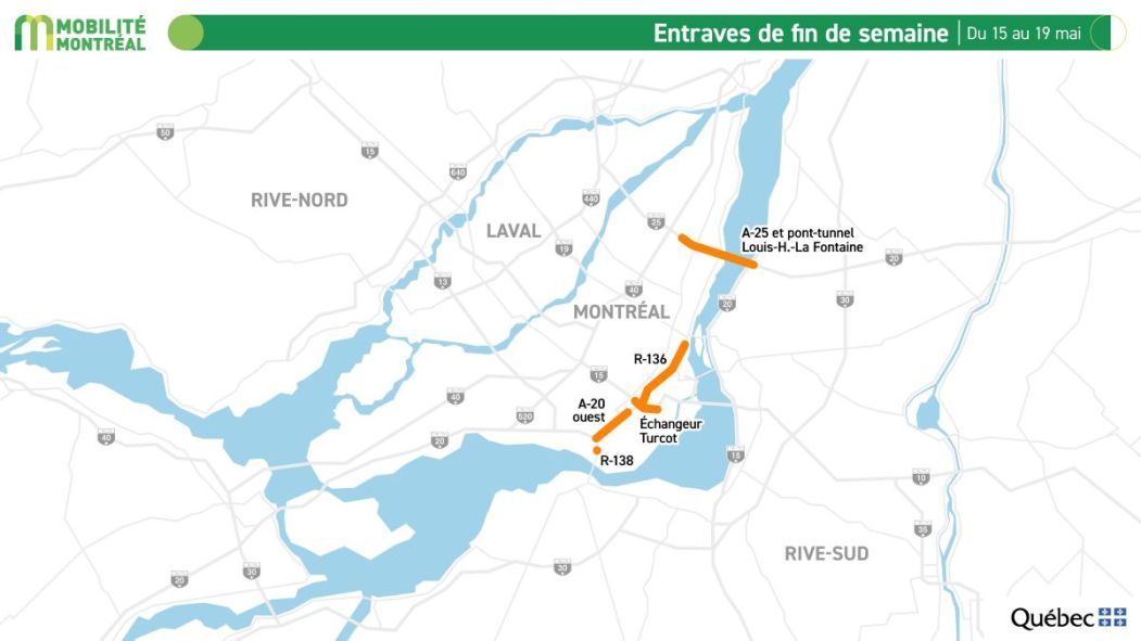 Carte des entraves routières pendant la fin de semaine de la Journée des patriotes.