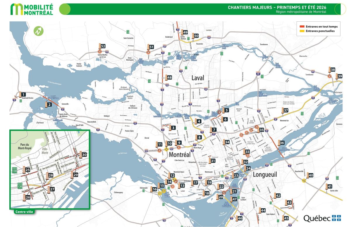 Carte des chantiers routiers majeurs prévus au printemps et à l'été 2026 dans le Grand Montréal.