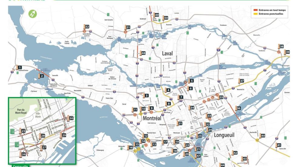 Carte des chantiers routiers majeurs prévus au printemps et à l'été 2026 dans le Grand Montréal.