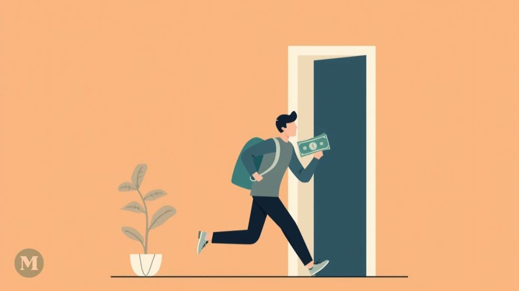 Dessin généré par l'intelligence artificielle montrant un étudiant entre dans une porte tenant de l'argent.