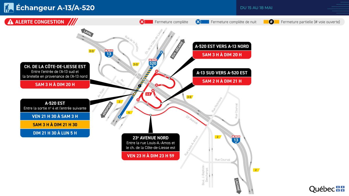 Carte montrant les entraves à la circulation dans l'échangeur des autoroutes 13 et 520 pendant la fin de semaine du 15 mai.