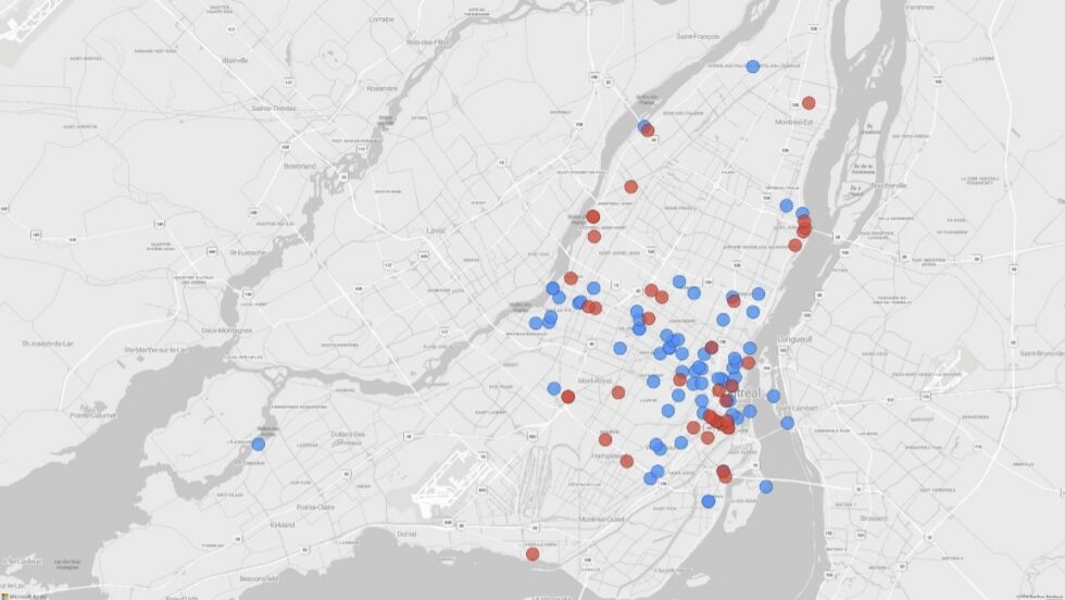 Capture d'écran d'une carte montrant la localisation des compteurs de vélos sur les pistes cyclables de Montréal.